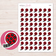 Red Film Reel Planner Stickers | I-8887 — 5 × 7 inch sheet and enlarged sticker detail