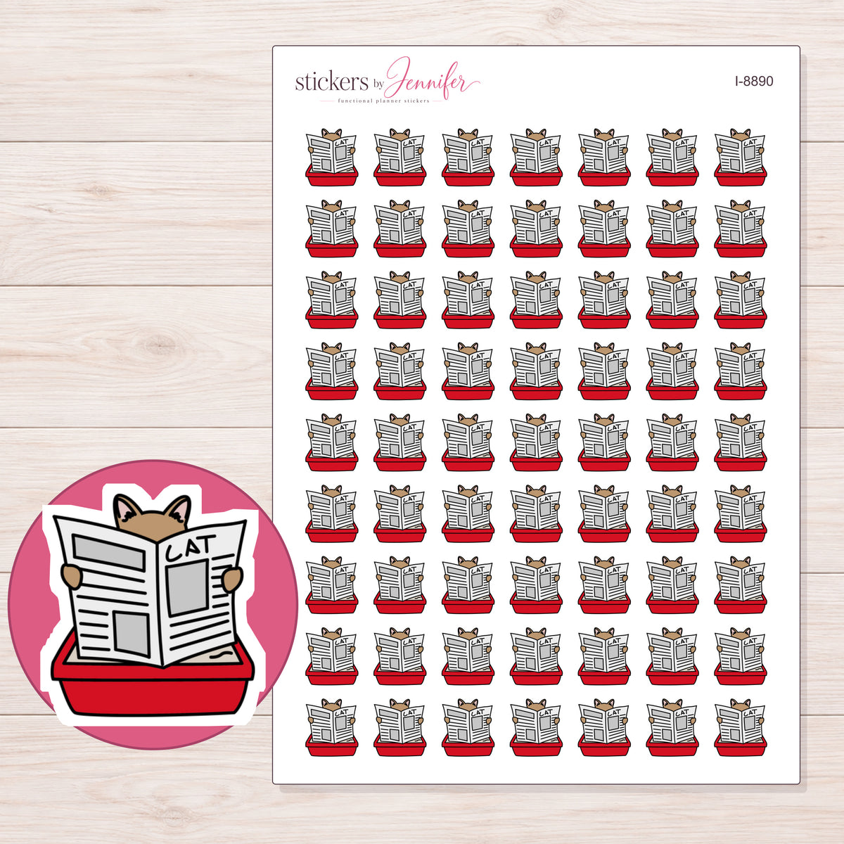 Cat Litter Box Planner Stickers | I-8890 — 5 × 7 inch sheet and enlarged sticker detail