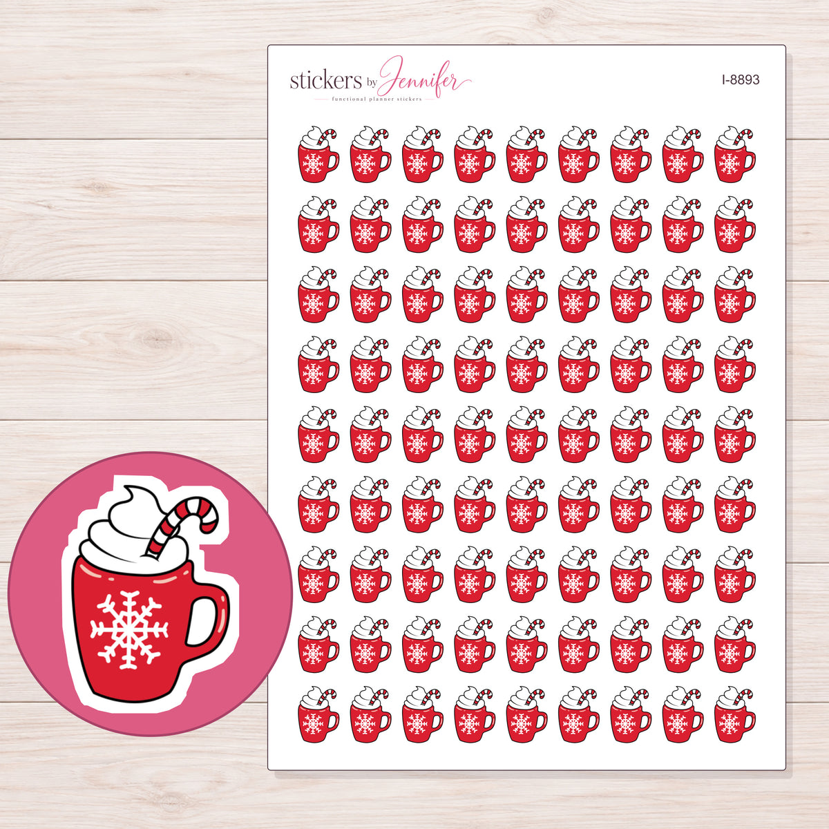 Christmas Hot Chocolate Planner Stickers | I-8893 — 5 × 7 inch sheet and enlarged sticker detail