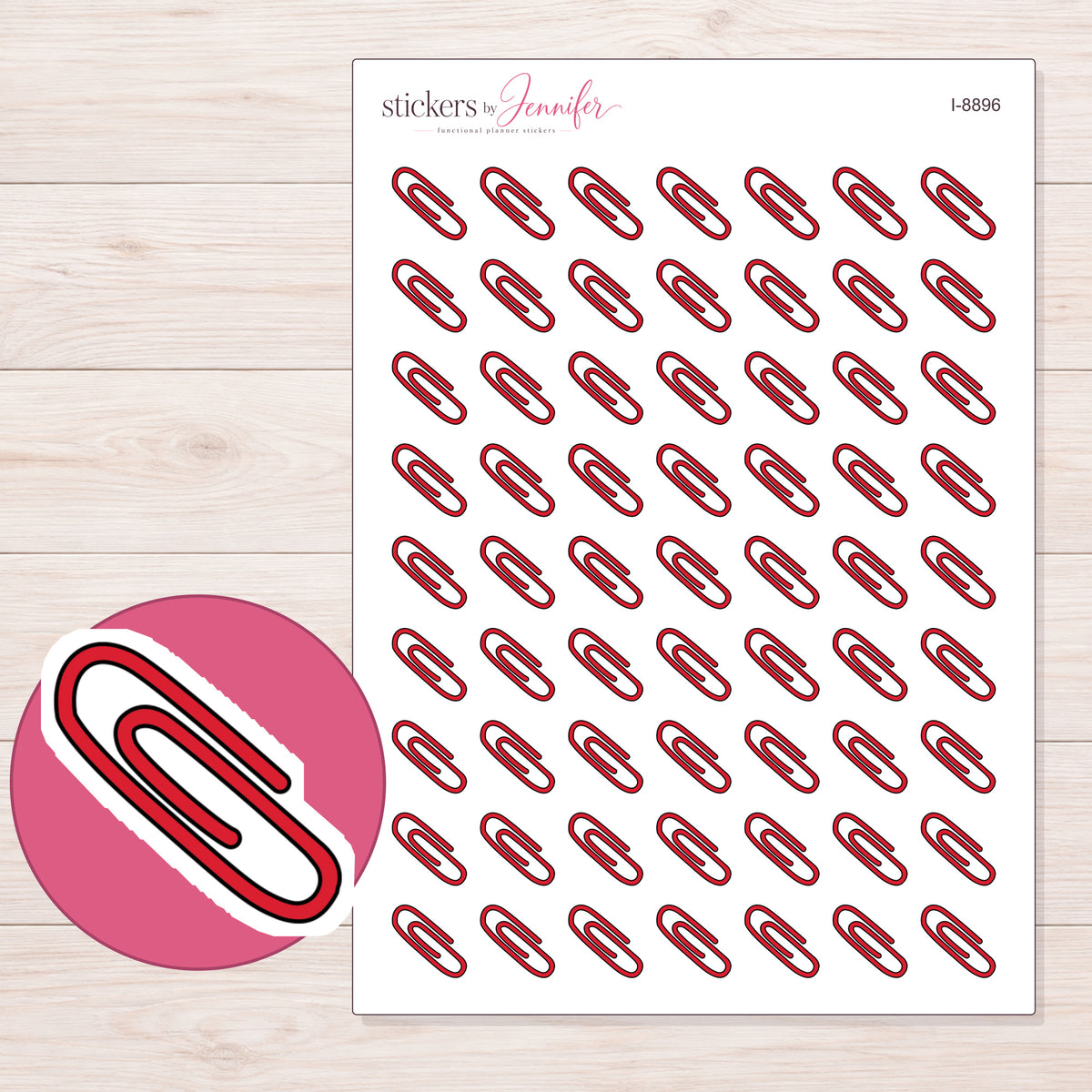 Paper Clip Planner Stickers | I-8896 — 5 × 7 inch sheet and enlarged sticker detail