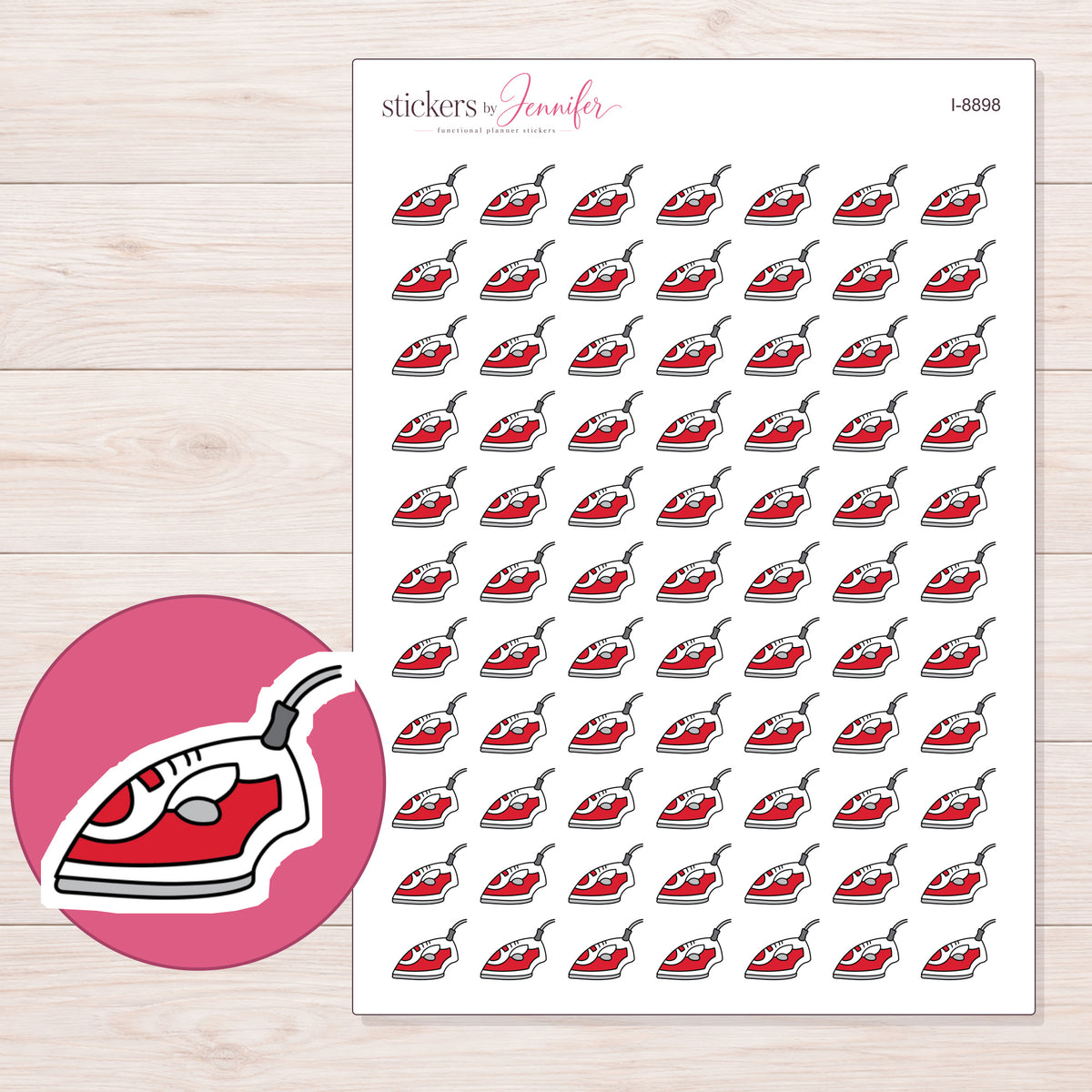 Red Clothes Iron Planner Stickers | I-8898 — 5 × 7 inch sheet and enlarged sticker detail