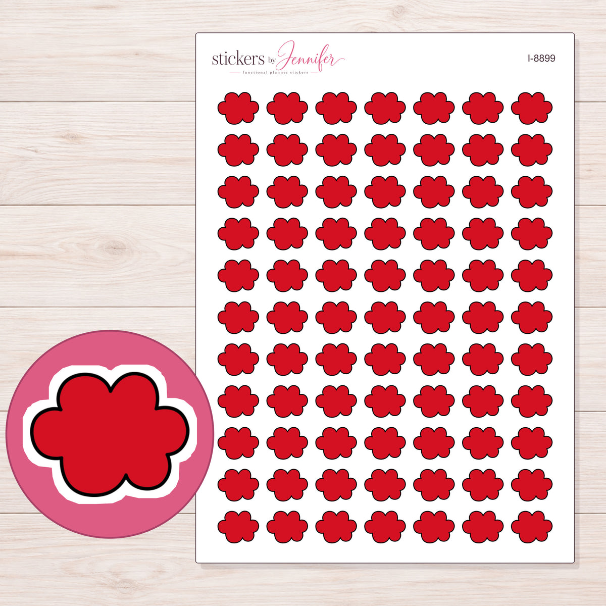 Red Cloud Planner Stickers | I-8899 — 5 × 7 inch sheet and enlarged sticker detail