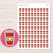 Red Heart Takeaway Coffee Cup Planner Stickers | I-8901 — 5 × 7 inch sheet and enlarged sticker detail