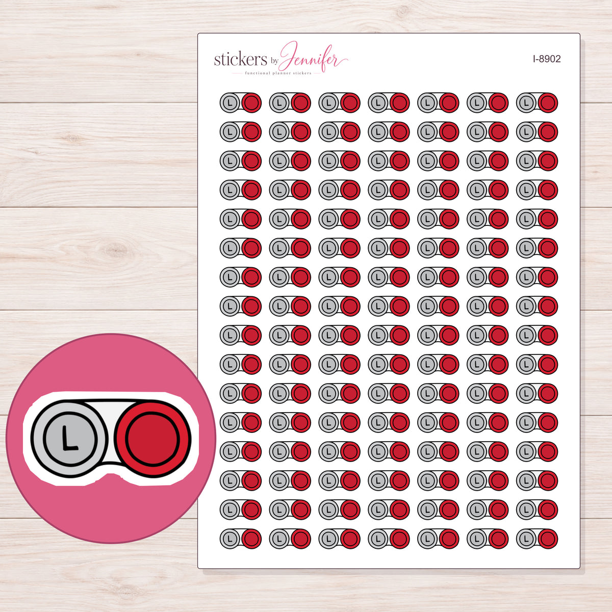 Red Contact Lens Case Planner Stickers | I-8902 — 5 × 7 inch sheet and enlarged sticker detail