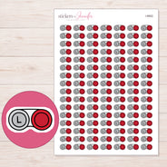 Red Contact Lens Case Planner Stickers | I-8902 — 5 × 7 inch sheet and enlarged sticker detail