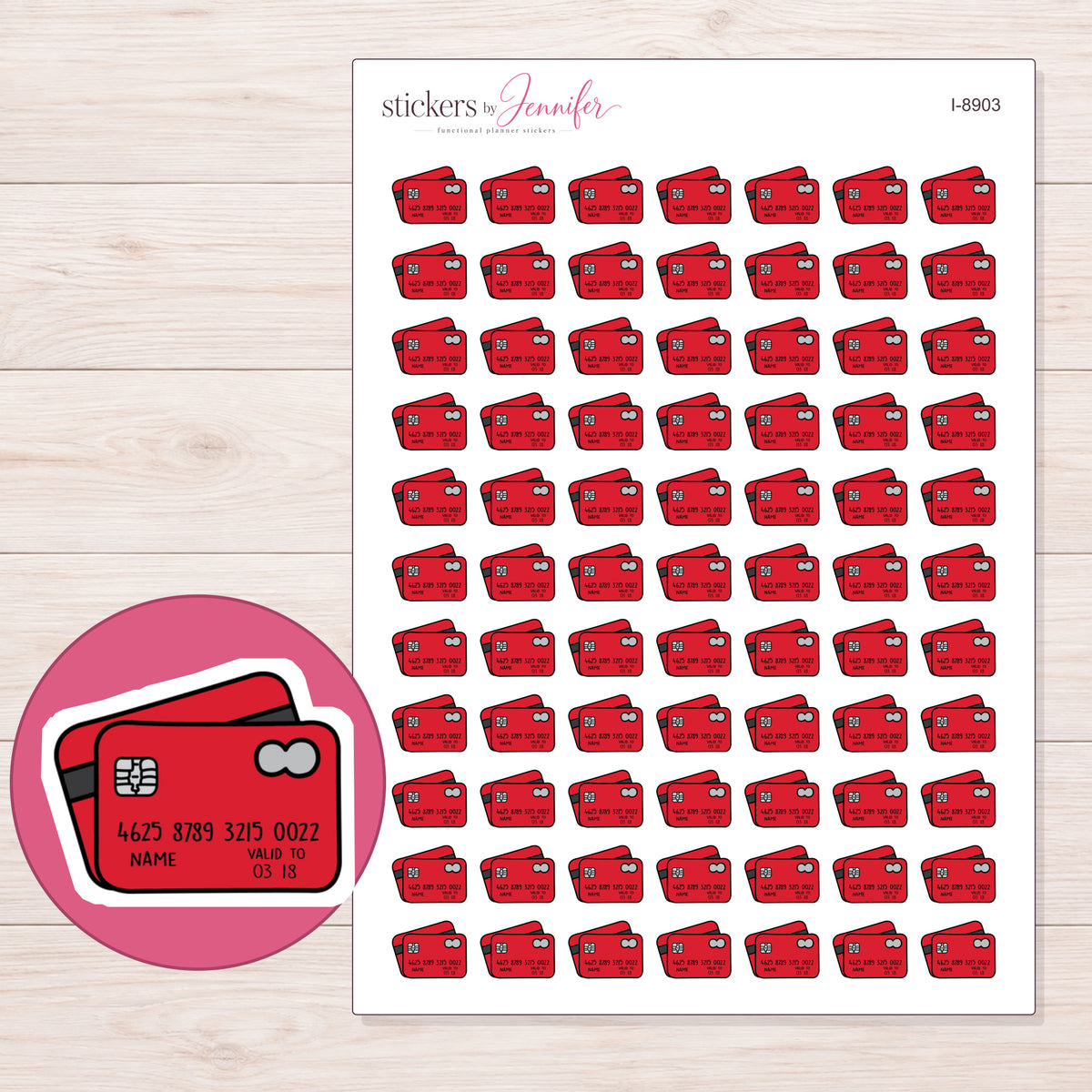 Red Credit Card Planner Stickers | I-8903 — 5 × 7 inch sheet and enlarged sticker detail