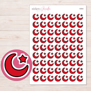 Red Crescent Moon and Star Planner Stickers | I-8904 — 5 × 7 inch sheet and enlarged sticker detail