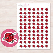Red Yarn Ball and Crochet Hook Planner Stickers | I-8906 — 5 × 7 inch sheet and enlarged sticker detail