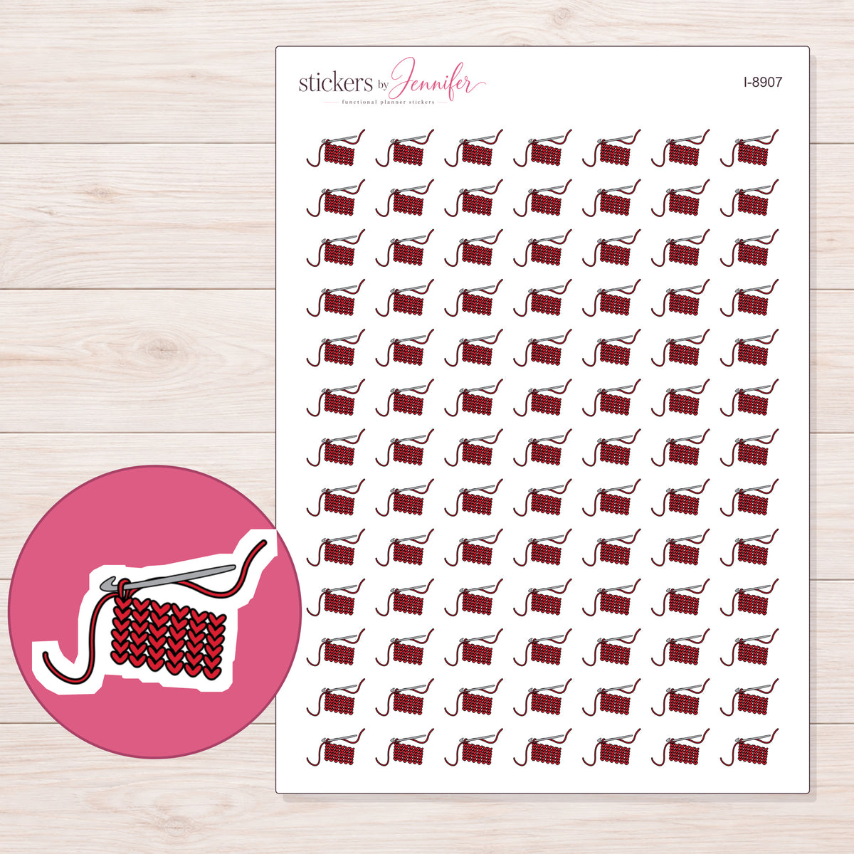 Red Crochet Project Planner Stickers | I-8907 — 5 × 7 inch sheet and enlarged sticker detail