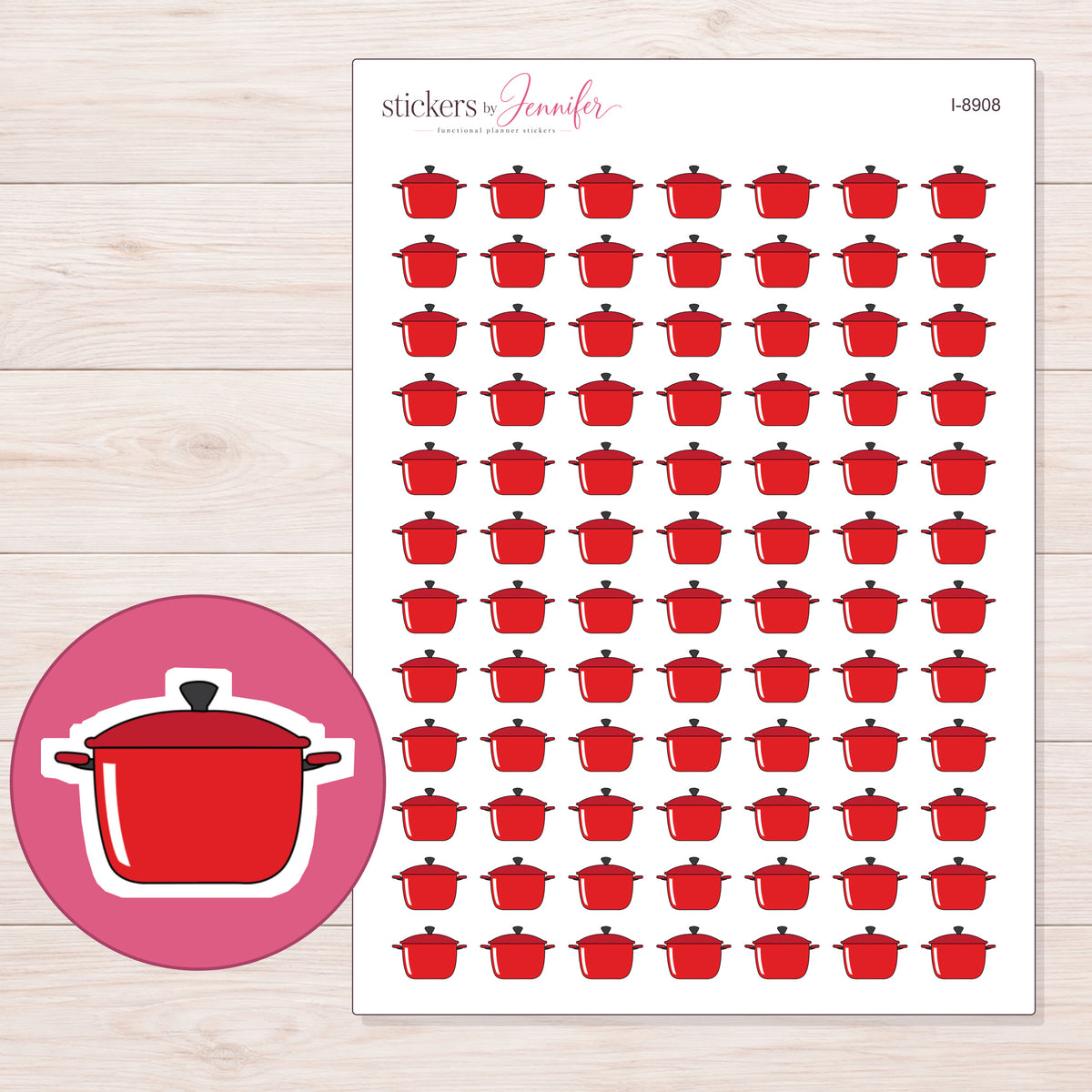 Red Slow Cooker Planner Stickers | I-8908 — 5 × 7 inch sheet and enlarged sticker detail