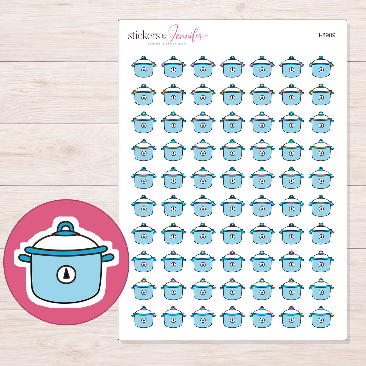 Blue Slow Cooker Planner Stickers | I-8909 — 5 × 7 inch sheet and enlarged sticker detail