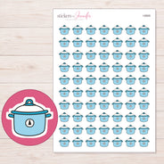 Blue Slow Cooker Planner Stickers | I-8909 — 5 × 7 inch sheet and enlarged sticker detail