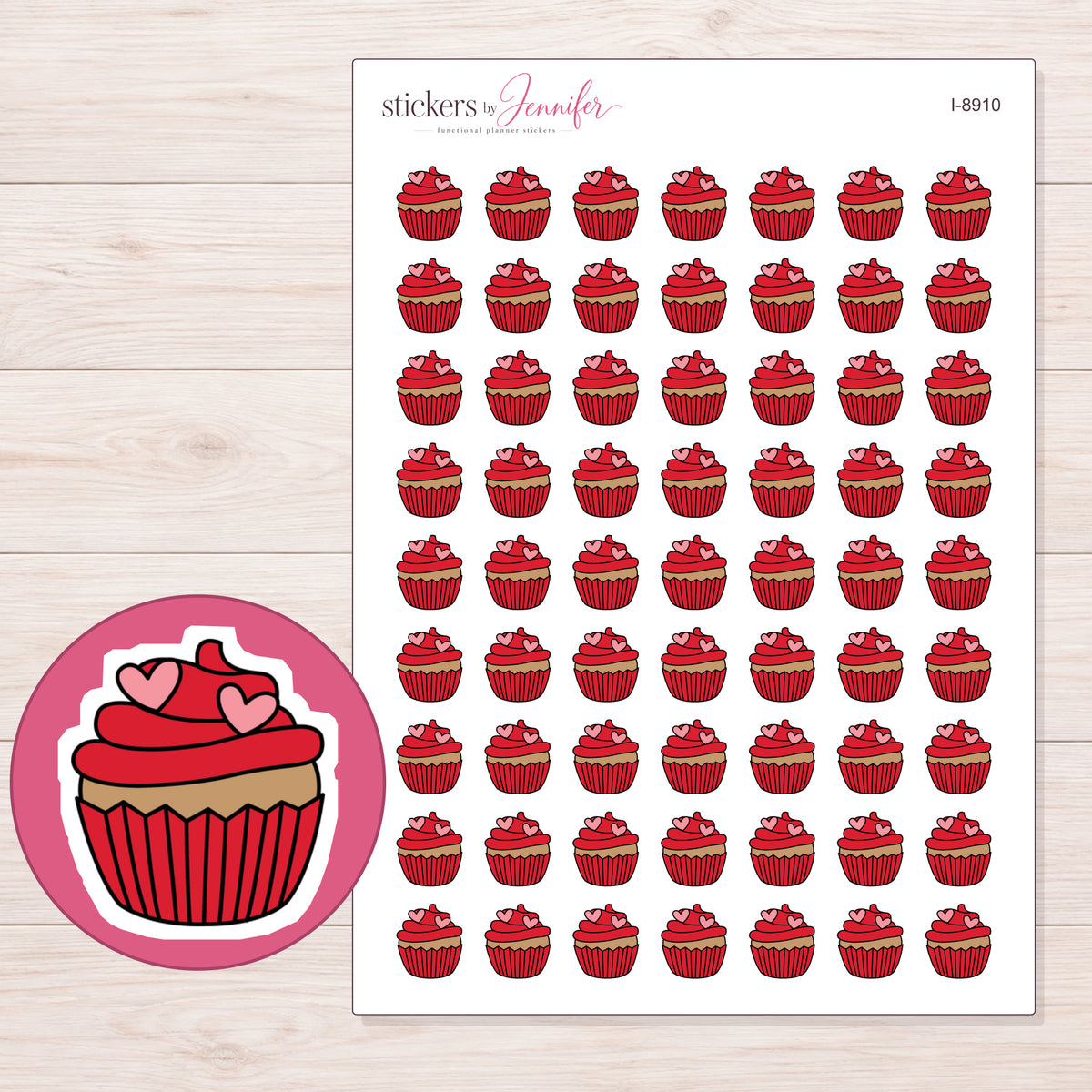 Red Heart Cupcake Planner Stickers | I-8910 — 5 × 7 inch sheet and enlarged sticker detail