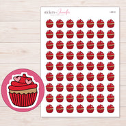 Red Heart Cupcake Planner Stickers | I-8910 — 5 × 7 inch sheet and enlarged sticker detail