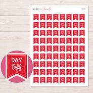 Red Day Off Banner Planner Stickers | I-8913 — 5 × 7 inch sheet and enlarged sticker detail