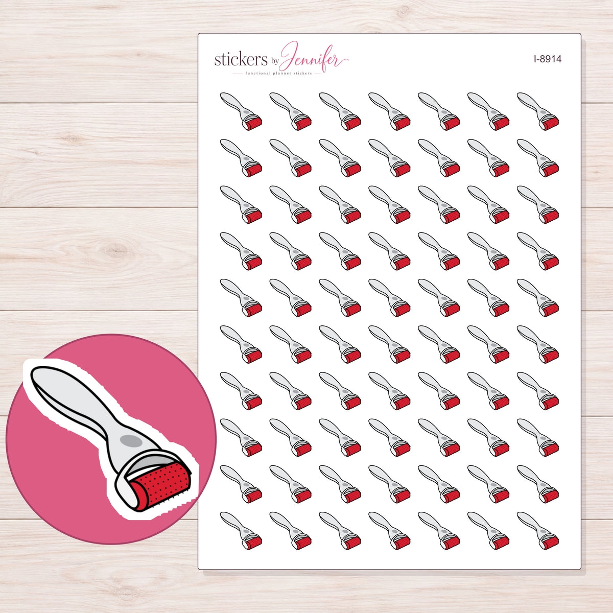 Red Derma Roller Planner Stickers | I-8914 — 5 × 7 inch sheet and enlarged sticker detail