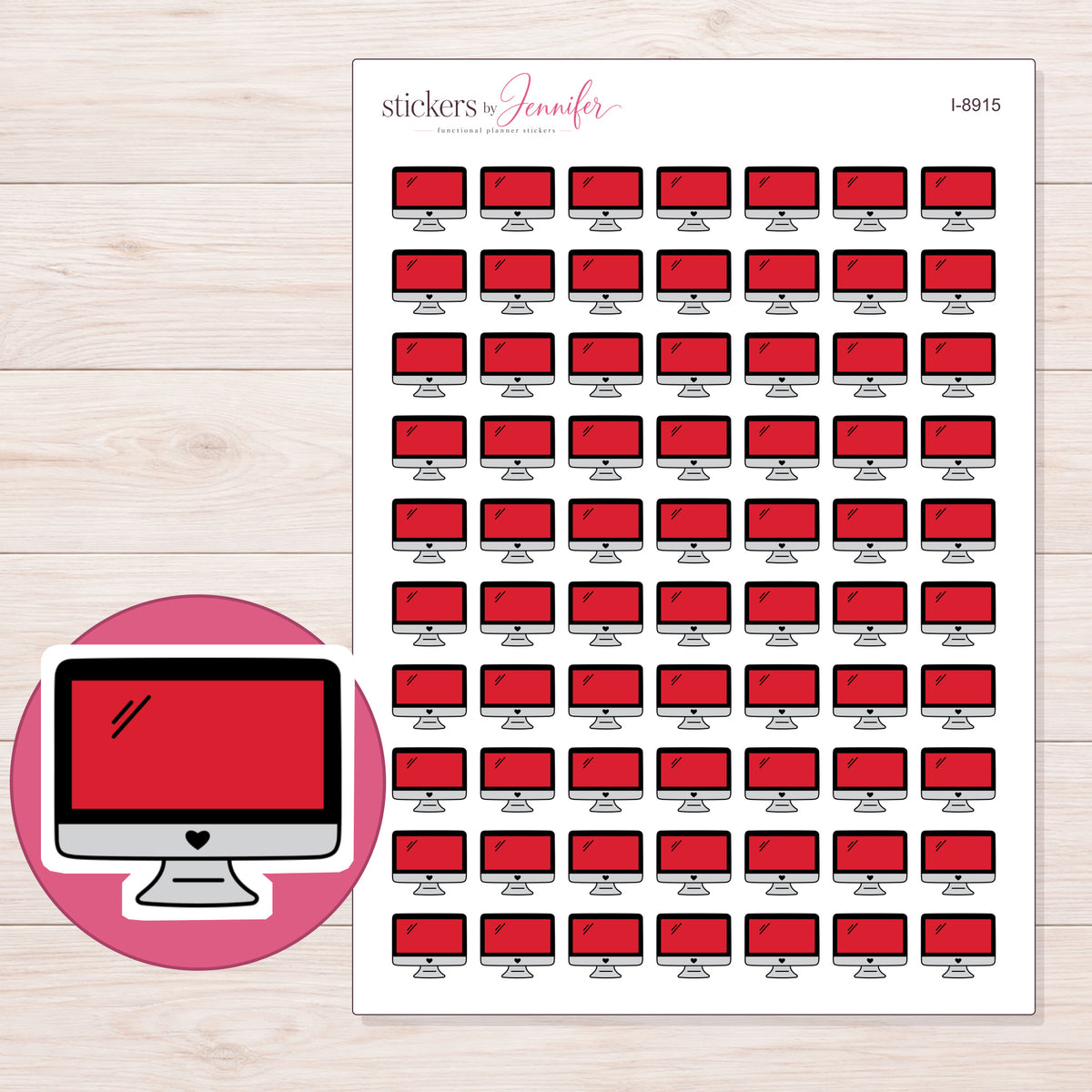 Red Desktop Computer Planner Stickers | I-8915 — 5 × 7 inch sheet and enlarged sticker detail