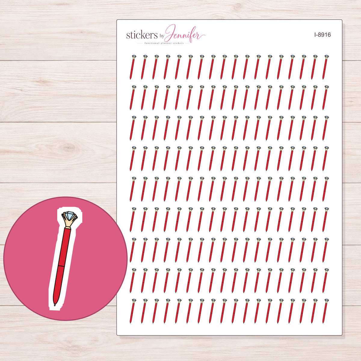 Red Diamond Pen Planner Stickers | I-8916 — 5 × 7 inch sheet and enlarged sticker detail