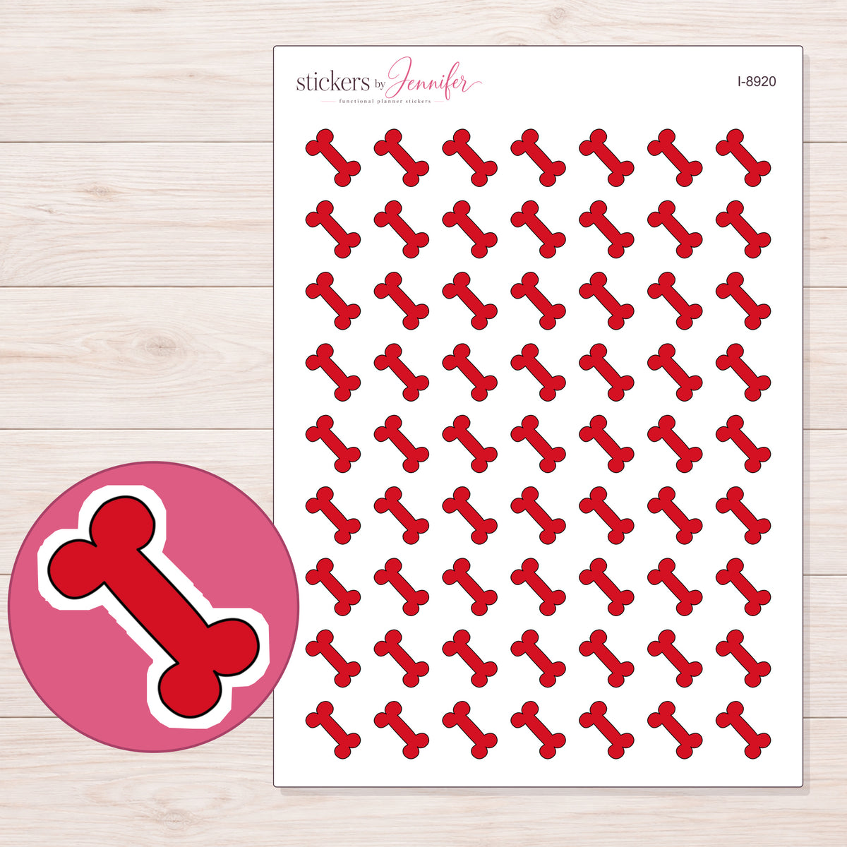 Red Dog Bone Planner Stickers | I-8920 — 5 × 7 inch sheet and enlarged sticker detail