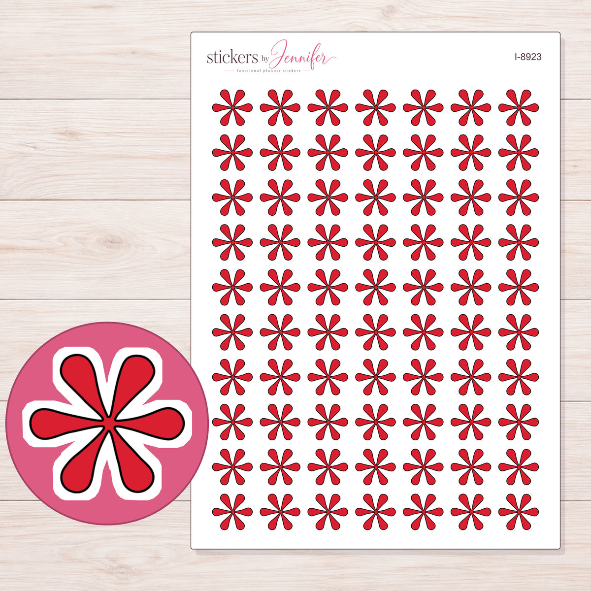 Red Doodle Asterisk Planner Stickers | I-8923 — 5 × 7 inch sheet and enlarged sticker detail