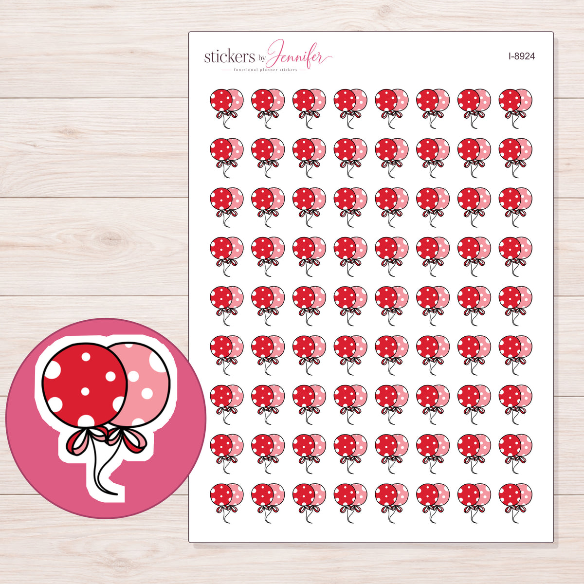 Red Polka Dot Balloon Planner Stickers | I-8924 — 5 × 7 inch sheet and enlarged sticker detail