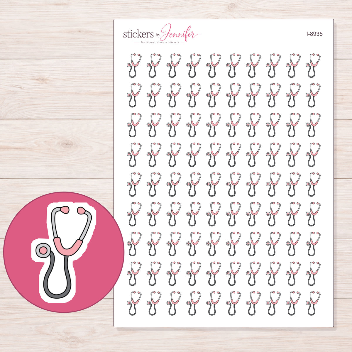 Pink Doodle Stethoscope Planner Stickers | I-8935 — 5 × 7 inch sheet and enlarged sticker detail