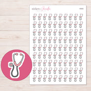 Pink Doodle Stethoscope Planner Stickers | I-8935 — 5 × 7 inch sheet and enlarged sticker detail