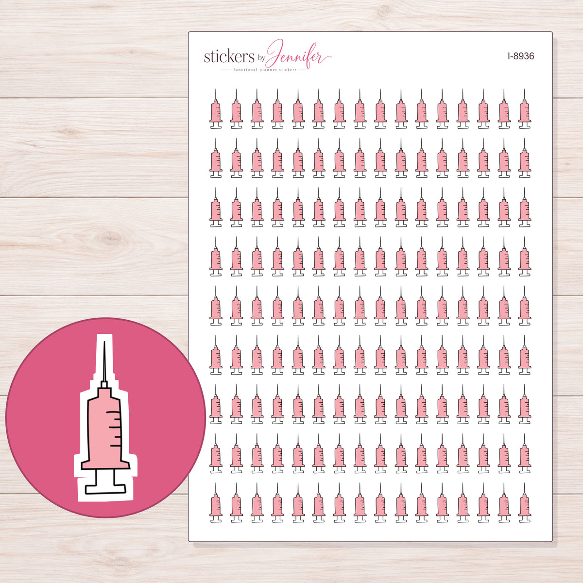 Pink Doodle Syringe Planner Stickers | I-8936 — 5 × 7 inch sheet and enlarged sticker detail