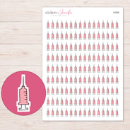 Pink Doodle Syringe Planner Stickers | I-8936 — 5 × 7 inch sheet and enlarged sticker detail