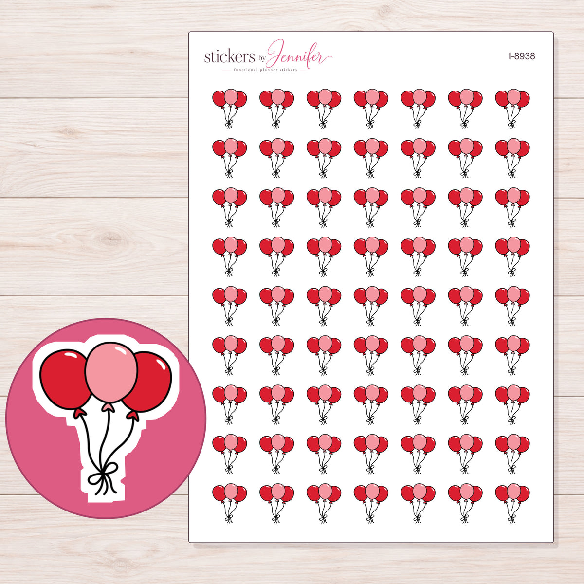 Red and Pink Balloon Bunch Planner Stickers | I-8938 — 5 × 7 inch sheet and enlarged sticker detail
