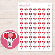 Red and Pink Balloon Bunch Planner Stickers | I-8938 — 5 × 7 inch sheet and enlarged sticker detail