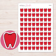 Red Doodle Tooth Planner Stickers | I-8940 — 5 × 7 inch sheet and enlarged sticker detail