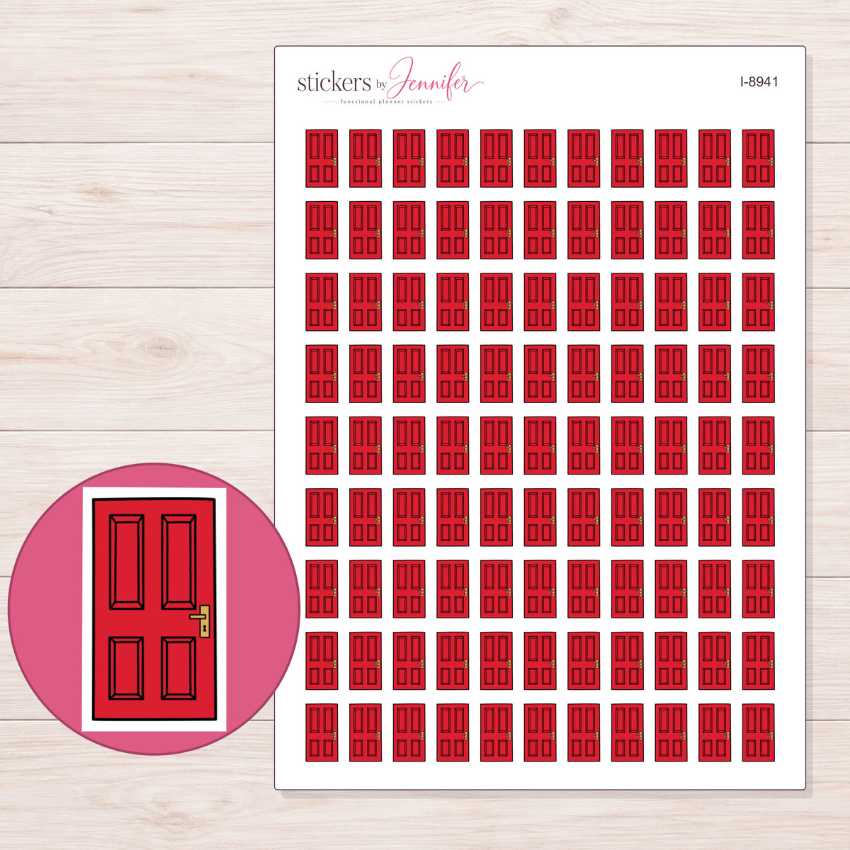 Red Front Door Planner Stickers | I-8941 — 5 × 7 inch sheet and enlarged sticker detail