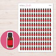 Red Essential Oil Bottle Planner Stickers | I-8943 — 5 × 7 inch sheet and enlarged sticker detail