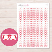 Red Eyeglasses Planner Stickers | I-8945 — 5 × 7 inch sheet and enlarged sticker detail
