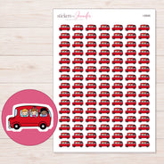 Red School Field Trip Bus Planner Stickers | I-8946 — 5 × 7 inch sheet and enlarged sticker detail
