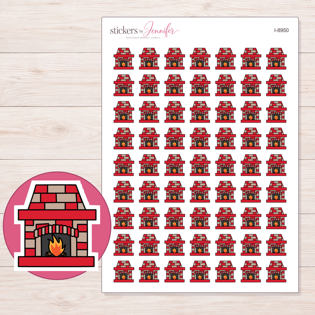 Red Brick Fireplace Planner Stickers | I-8950 — 5 × 7 inch sheet and enlarged sticker detail