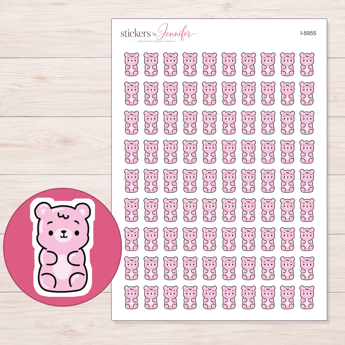 Pastel Pink Gummy Bear Planner Stickers | I-8955 — 5 × 7 inch sheet and enlarged sticker detail