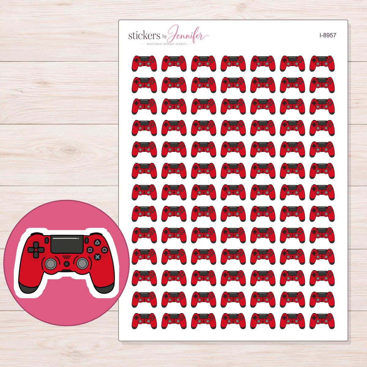 Red Game Controller Planner Stickers | I-8957 — 5 × 7 inch sheet and enlarged sticker detail