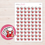 Cards and Pawns Game Night Planner Stickers | I-8958 — 5 × 7 inch sheet and enlarged sticker detail