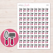 Pink Gardening Tools Planner Stickers | I-8959 — 5 × 7 inch sheet and enlarged sticker detail