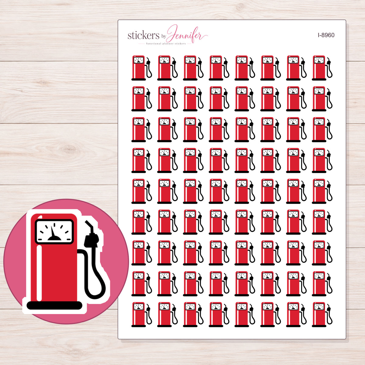 Red Gas Pump Planner Stickers | I-8960 — 5 × 7 inch sheet and enlarged sticker detail