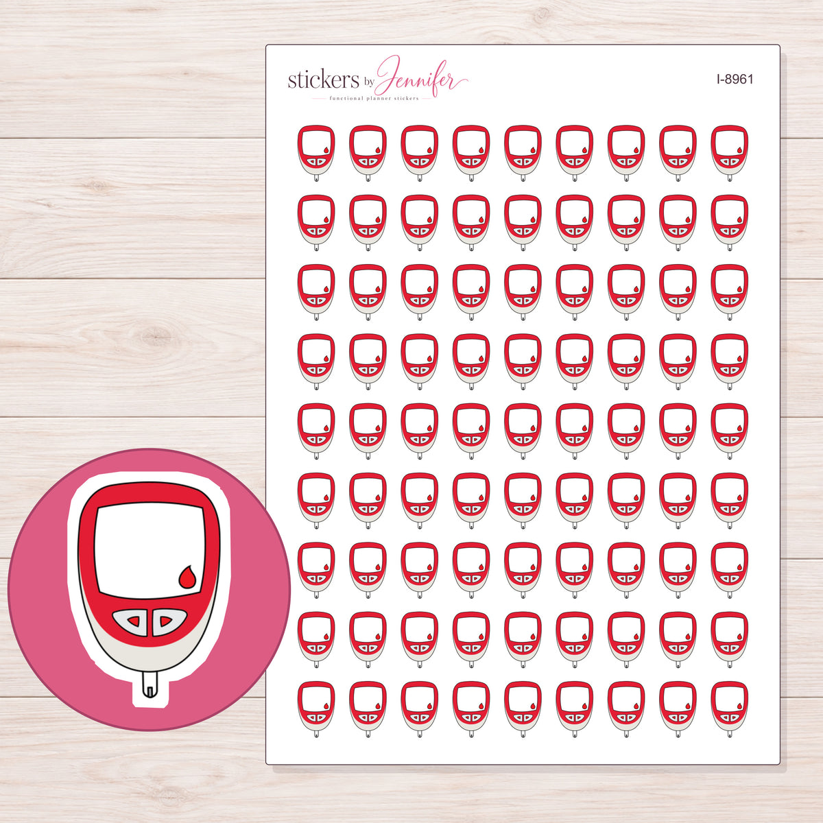 Red Glucose Meter Planner Stickers | I-8961 — 5 × 7 inch sheet and enlarged sticker detail