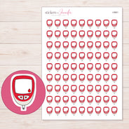 Red Glucose Meter Planner Stickers | I-8961 — 5 × 7 inch sheet and enlarged sticker detail