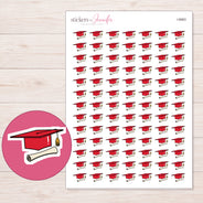 Red Graduation Cap and Diploma Planner Stickers | I-8963 — 5 × 7 inch sheet and enlarged sticker detail