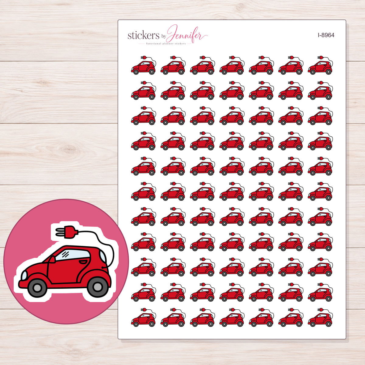 Red Electric Car Planner Stickers | I-8964 — 5 × 7 inch sheet and enlarged sticker detail