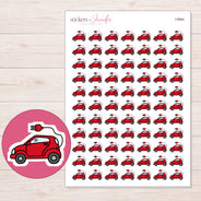 Red Electric Car Planner Stickers | I-8964 — 5 × 7 inch sheet and enlarged sticker detail