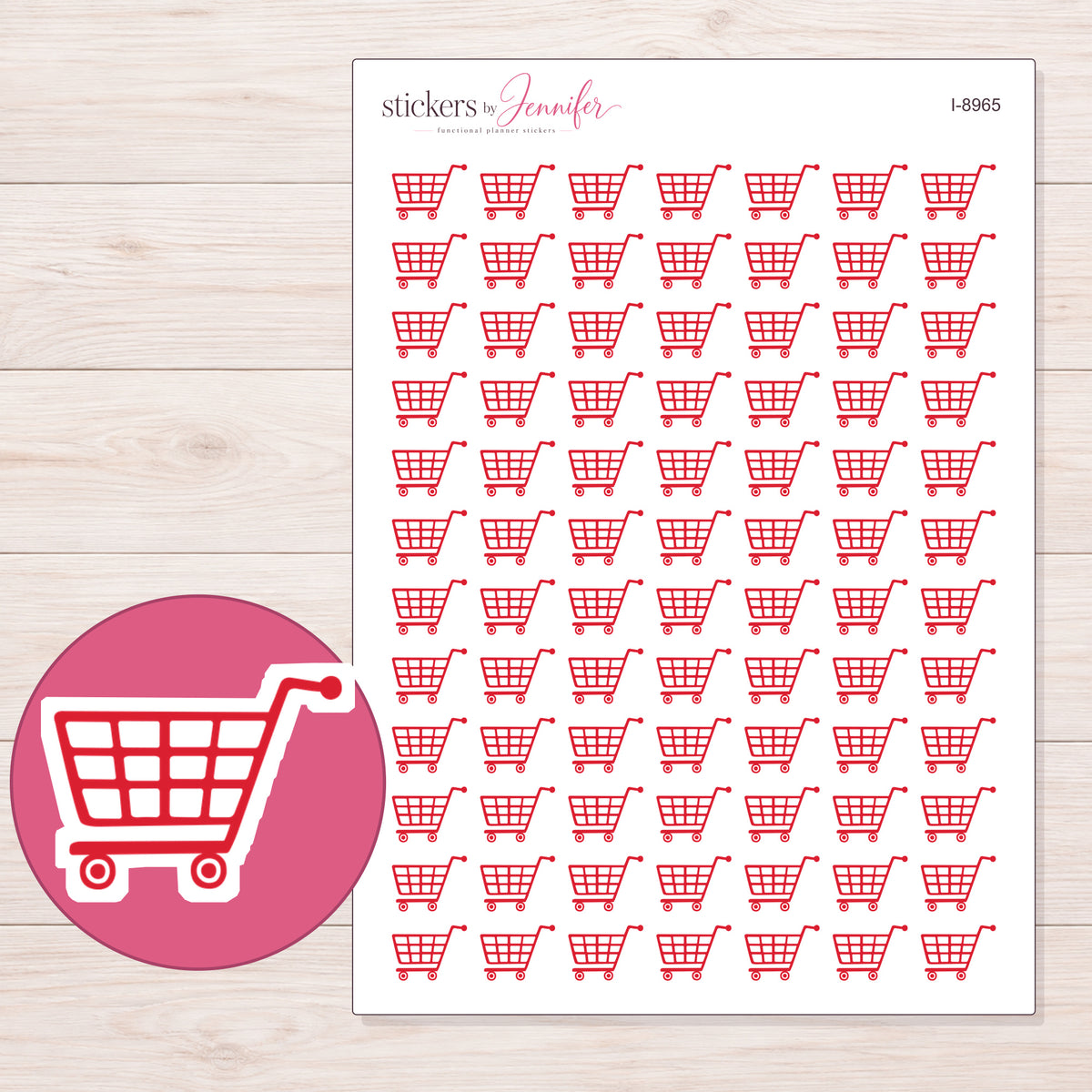 Red Grocery Cart Planner Stickers | I-8965 — 5 × 7 inch sheet and enlarged sticker detail