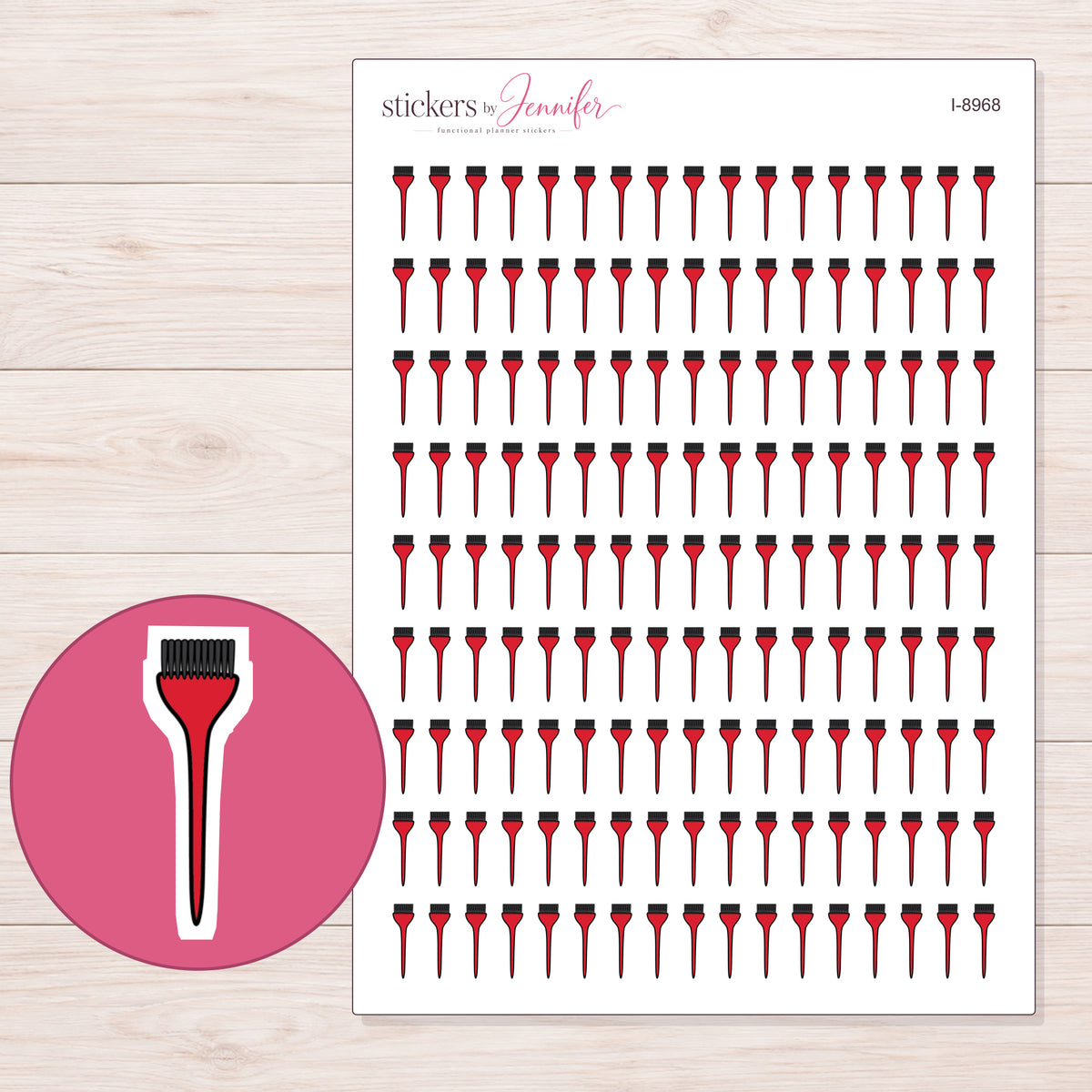 Red Hair Color Brush Planner Stickers | I-8968 — 5 × 7 inch sheet and enlarged sticker detail