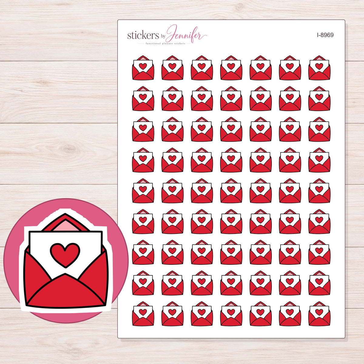 Red Heart Happy Mail Planner Stickers | I-8969 — 5 × 7 inch sheet and enlarged sticker detail